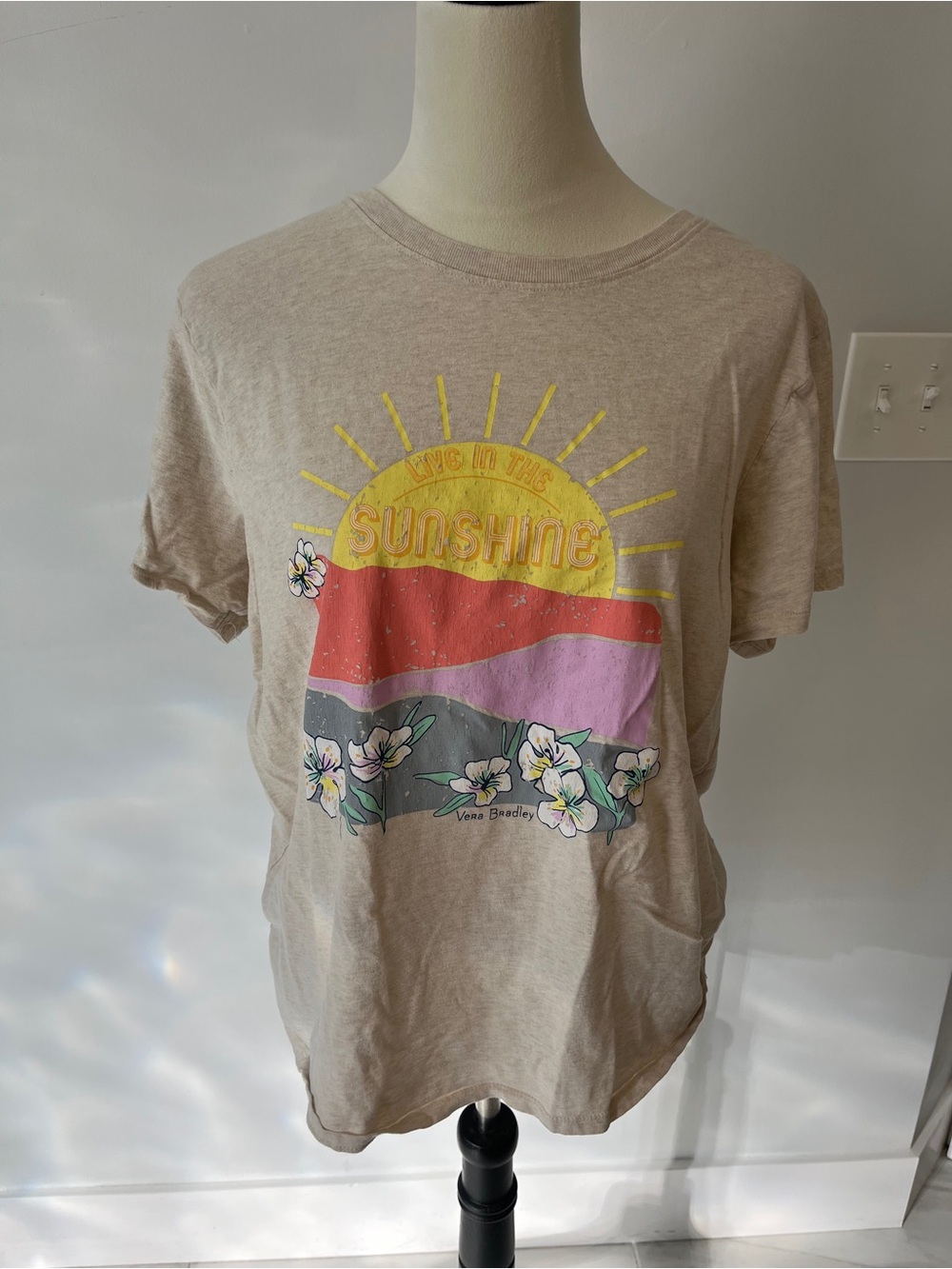 Vera Bradley Beige Tee with Yellow Sun and Pastel graphic